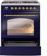 Nostalgie II 30 Inch Dual Fuel Natural Gas Freestanding Range in Blue with Brass Trim