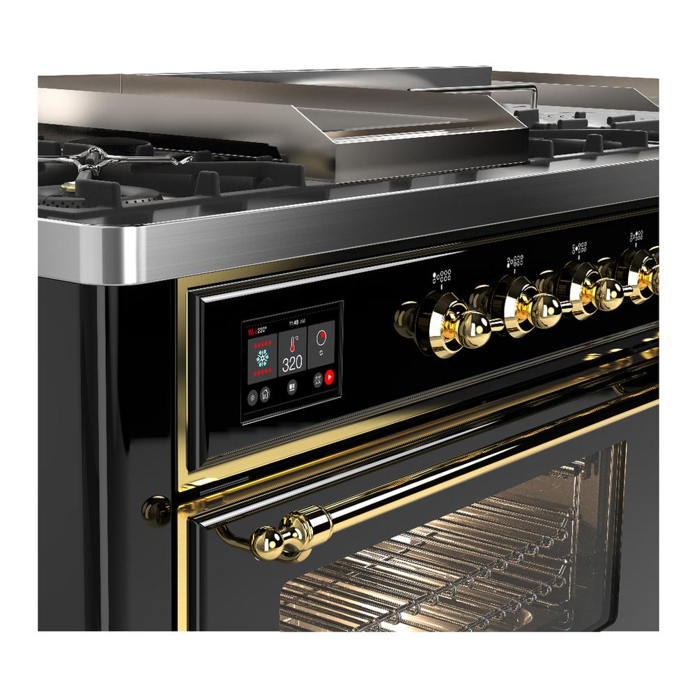 ILVE UM60FSNR3BKGLP Majestic III 60 inch Dual Fuel Range with 7 Burners, Griddle and French Top, Dual Function Burner with up to 25,000 BTU (Liquid Propane, Triple Glass Door, Glossy Black, Brass)