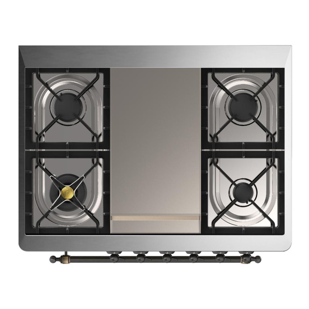 ILVE UM36FQNR3BKBLP Majestic III 36 inch Dual Fuel Range with 6 Black Brass Burners and Griddle, Dual Function Burner up to 25,000 BTU (Solid Door, Glossy Black, Burnished, Liquid Propane)