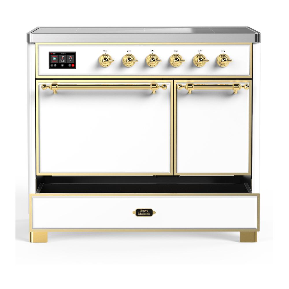 ILVE UMDIB40QNR3WHG Majestic III 40 inch Induction Range with 6 Elements, 3.82 cu. ft. Total Oven Capacity (Solid Door, White, Brass)