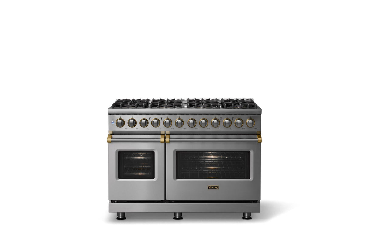 48"W. Dual Fuel Range (Burner: 8b, Finish: Stainless Steel, Trim: Brushed Brass, Fuel: Natural Gas)