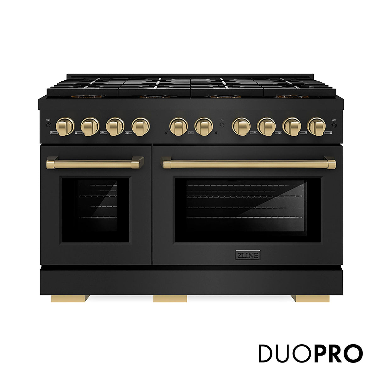 ZLINE Autograph Edition 48 in. 6.7 cu. ft. Paramount Dual Fuel Range with 8 Burner DuoPro? Cooktop and Dual Ovens in Black Stainless Steel and Champagne Bronze Accents (PSDRBZ-48-CB)