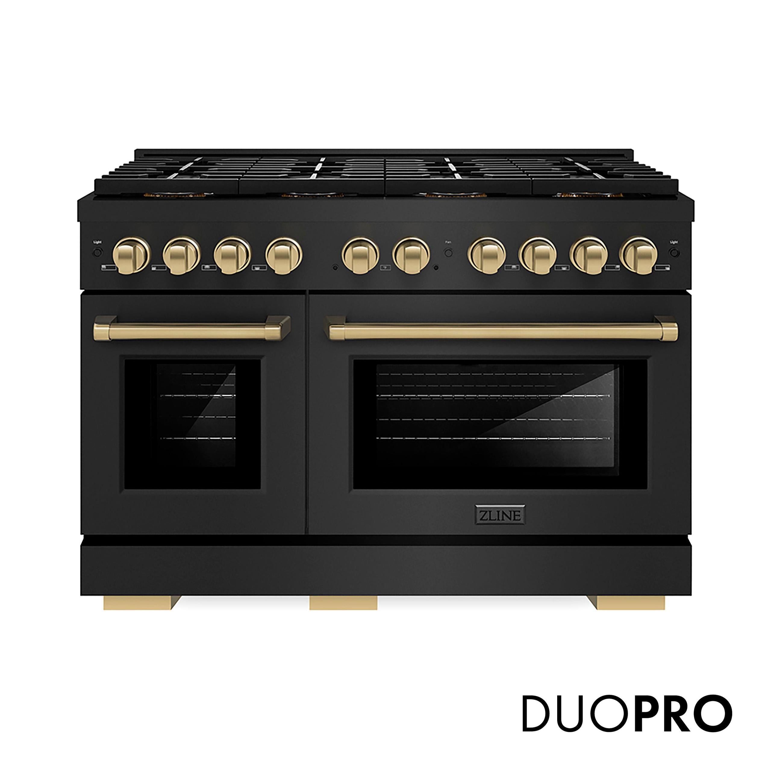 ZLINE Autograph Edition 48 in. 6.7 cu. ft. Paramount Dual Fuel Range with 8 Burner DuoPro? Cooktop and Dual Ovens in Black Stainless Steel and Champagne Bronze Accents (PSDRBZ-48-CB)