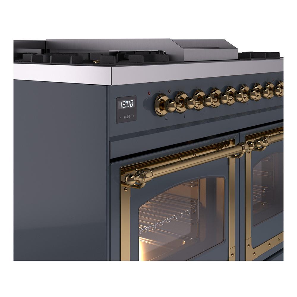 ILVE UND40FNMPBGG Nostalgie II Noblesse 40 inch Dual Fuel Range (Natural Gas, Triple Glass Door, Blue Grey, Brass)