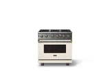 36"W. Open Burner Gas Range (Finish: Pure White, Trim: Brushed Brass, Fuel: Natural Gas)