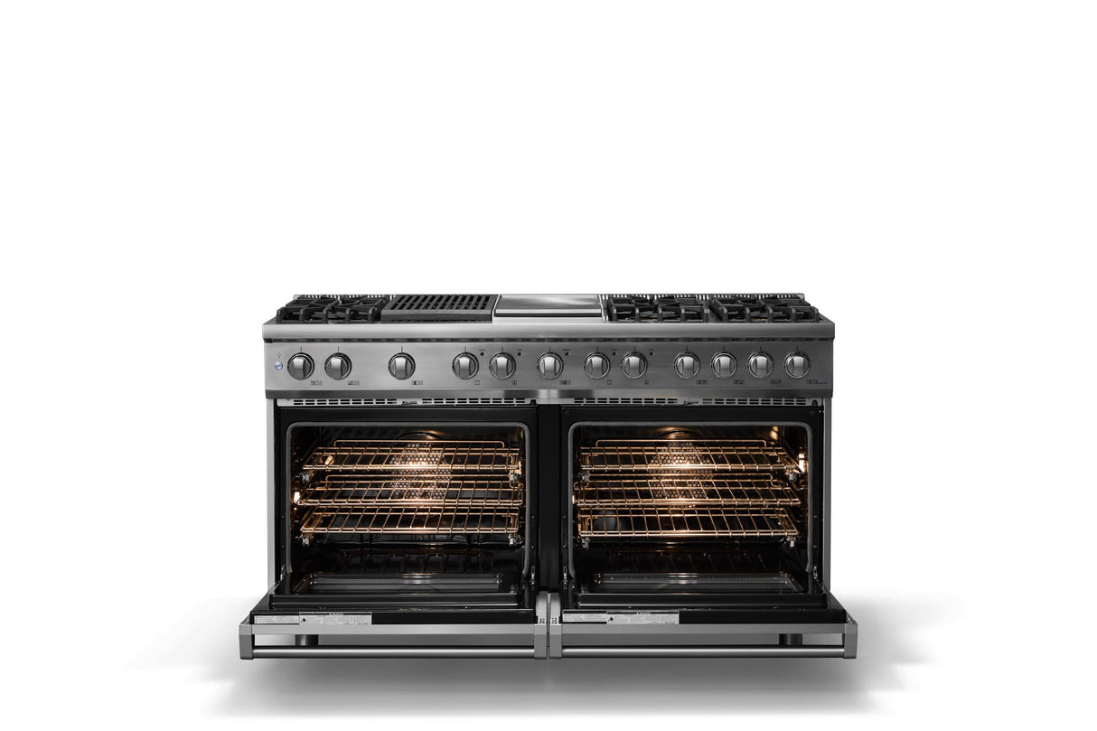 60"W.Dual Fuel Range (Finish: Stainless Steel, Trim: Polished Chrome, Fuel: Natural Gas)