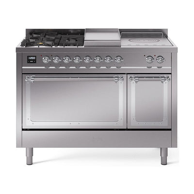 ILVE UN48FSQNMPSSCLP Nostalgie II Noblesse 48 inch Dual Fuel Range (5 Sealed Burners + Griddle + French Top, Liquid Propane, Solid Door, Stainless Steel, Chrome)