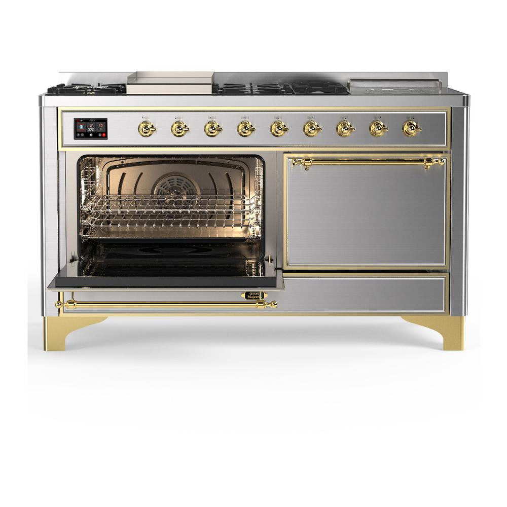 ILVE UM60FSQNR3SSG Majestic III 60 inch Dual Fuel Range with 7 Burners, Griddle and French Top, Dual Function Burner with up to 25,000 BTU (Natural Gas, Solid Door, Stainless Steel, Brass)