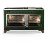 ILVE UM60FQNR3EGB Majestic III 60 inch Dual Fuel Range with 9 Burners and Griddle, Dual Function Burner up to 25,000 BTU (Natural Gas, Solid Door, Emerald Green, Burnished)