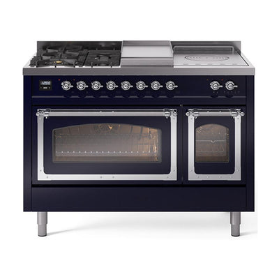 ILVE UN48FSNMPMBCLP Nostalgie II Noblesse 48 inch Dual Fuel Range (5 Sealed Burners + Griddle + French Top, Liquid Propane, Triple Glass Door, Midnight Blue, Chrome)