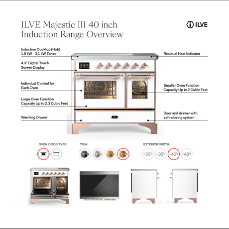 ILVE UMDIB40QNR3BGG Majestic III 40 inch Induction Range with 6 Elements, 3.82 cu. ft. Total Oven Capacity (Solid Door, Blue Grey, Brass)
