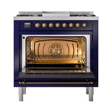 ILVE UN36FNMPMBB Nostalgie II Noblesse 36 inch Dual Fuel Range (Natural Gas, Triple Glass Door, Midnight Blue, Burnished)