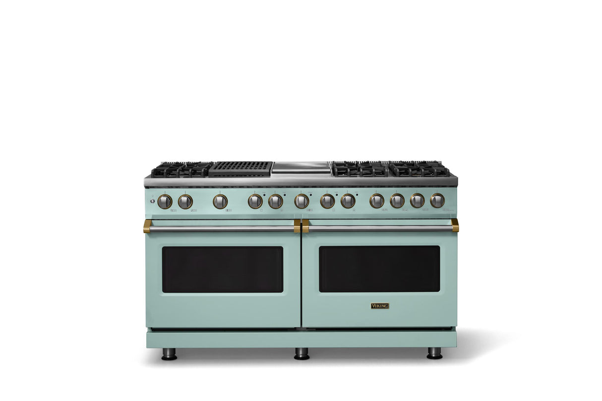 60"W.Dual Fuel Range (Finish: Splash, Trim: Brushed Brass, Fuel: Natural Gas)