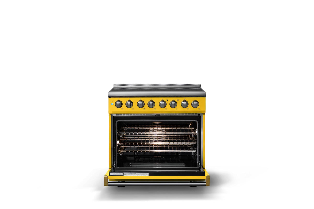 36"W. Induction Range (Finish: Daffodil, Trim: Brushed Brass)