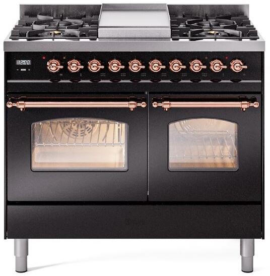 Nostalgie II 40 Inch Dual Fuel Natural Gas Freestanding Range in Glossy Black with Copper Trim