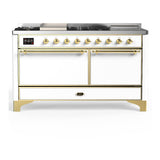 ILVE UM60FSQNR3WHG Majestic III 60 inch Dual Fuel Range with 7 Burners, Griddle and French Top, Dual Function Burner with up to 25,000 BTU (Natural Gas, Solid Door, White, Brass)