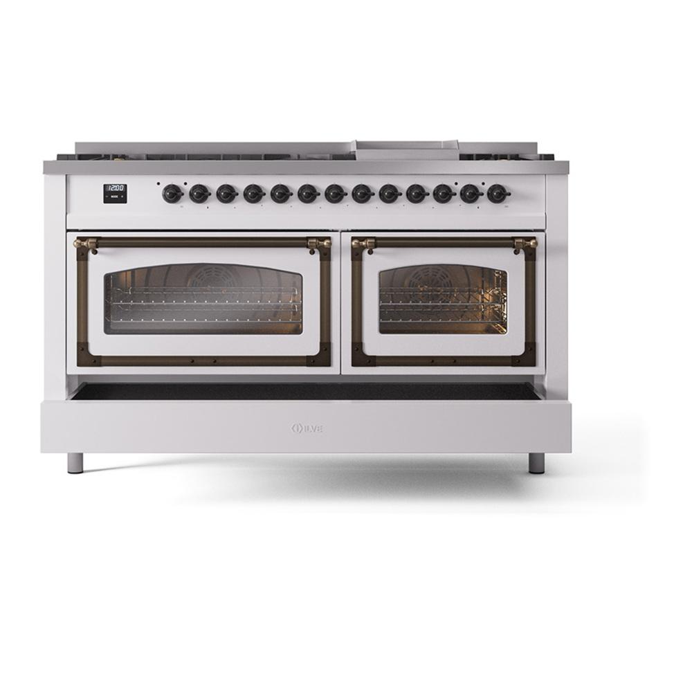 ILVE UN60FNMPWHB Nostalgie II Noblesse 60 inch Dual Fuel Range (9 Sealed Burners + Griddle, Natural Gas, Triple Glass Door, White, Burnished)
