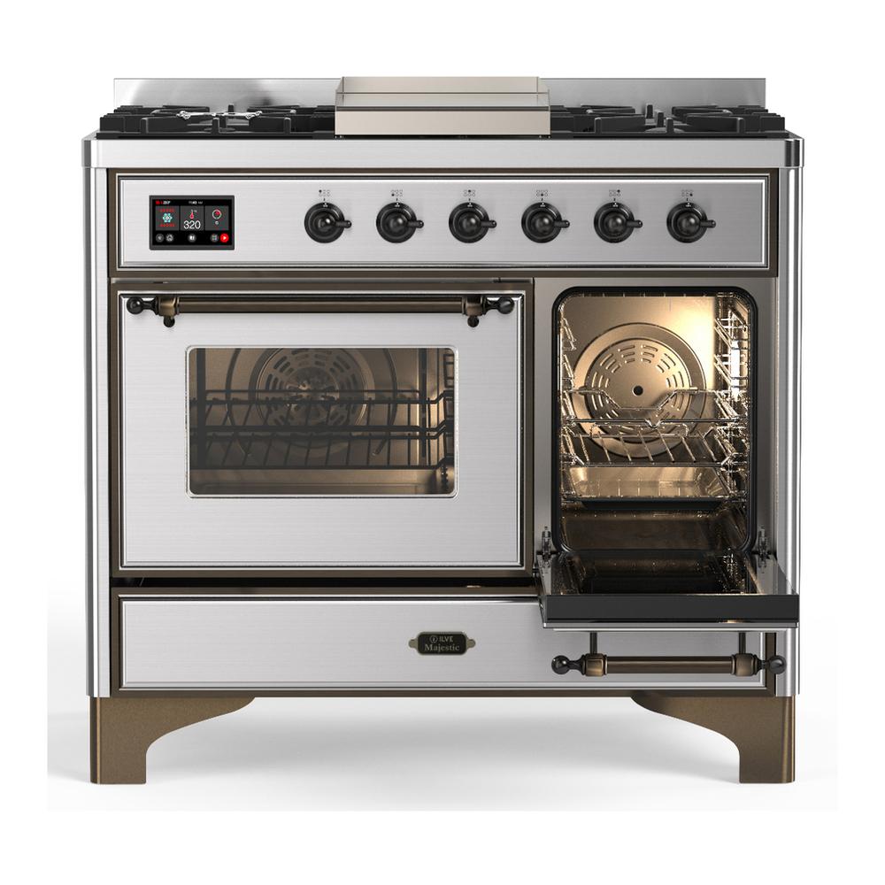 ILVE UMD40FNR3SSB Majestic III 40 inch Dual Fuel Range with 6 Burners and Griddle, Dual Function Burner up to 25,000 BTU (Natural Gas, Triple Glass Door, Stainless Steel, Burnished)