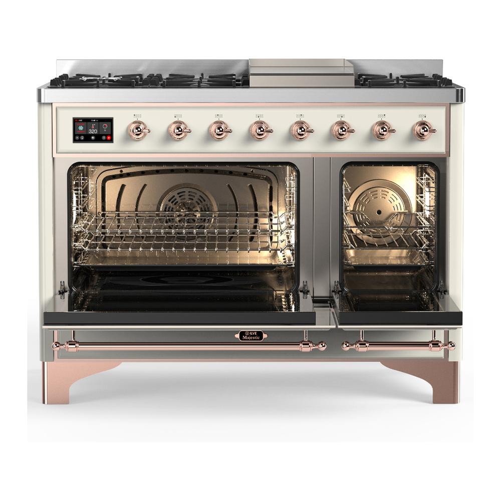 ILVE UM48FNR3AWPLP Majestic III 48 inch Dual Fuel Range with 8 Burners and Griddle, Dual Function Burner up to 25,000 BTU (Liquid Propane, Triple Glass Door, Antique White, Copper)