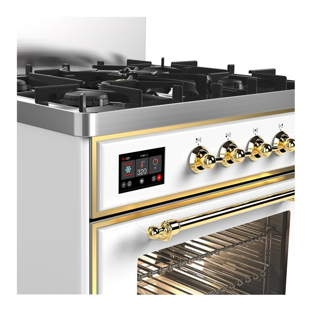 ILVE UM30NR3WHGLP Majestic III 30 inch Dual Fuel Range with 5 Black Brass Burners, Dual Function Burner up to 25,000 BTU (Liquid Propane, Triple Glass Door, White, Brass)
