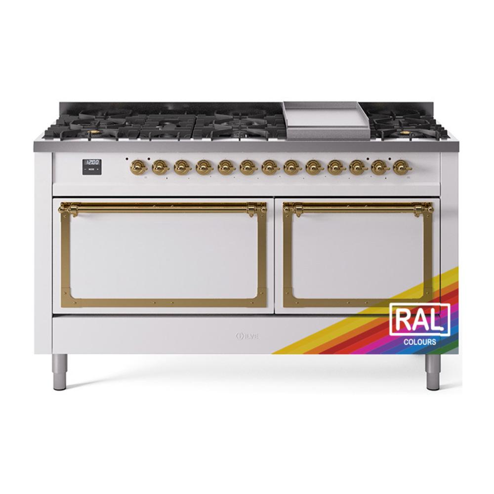 ILVE UN60FQNMPRAGLP Nostalgie II Noblesse 60 inch Dual Fuel Range (9 Sealed Burners + Griddle, Liquid Propane, Solid Door, RAL, Brass)