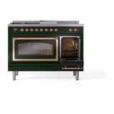ILVE UN48FSNMPEGP Nostalgie II Noblesse 48 inch Dual Fuel Range (5 Sealed Burners + Griddle + French Top, Natural Gas, Triple Glass Door, Emerald Green, Copper)