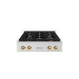 ZLINE 30 in. Autograph Edition Paramount Gas Rangetop with 4 Burners and Porcelain Cooktop in DuraSnow' Stainless Steel with Polished Gold Accents (SRTSZ-30-G)