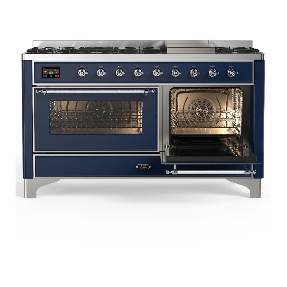 ILVE UM60FNR3MBC Majestic III 60 inch Dual Fuel Range with 9 Burners and Griddle, Dual Function Burner up to 25,000 BTU (Natural Gas, Triple Glass Door, Midnight Blue, Chrome)