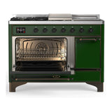 ILVE UM48FSQNR3EGBLP Majestic III 48 inch Dual Fuel Range with 5 Black Brass Burners, Griddle and French Top, Dual Function Burner up to 25,000 BTU (Liquid Propane, Solid Door, Emerald Green, Burnished)
