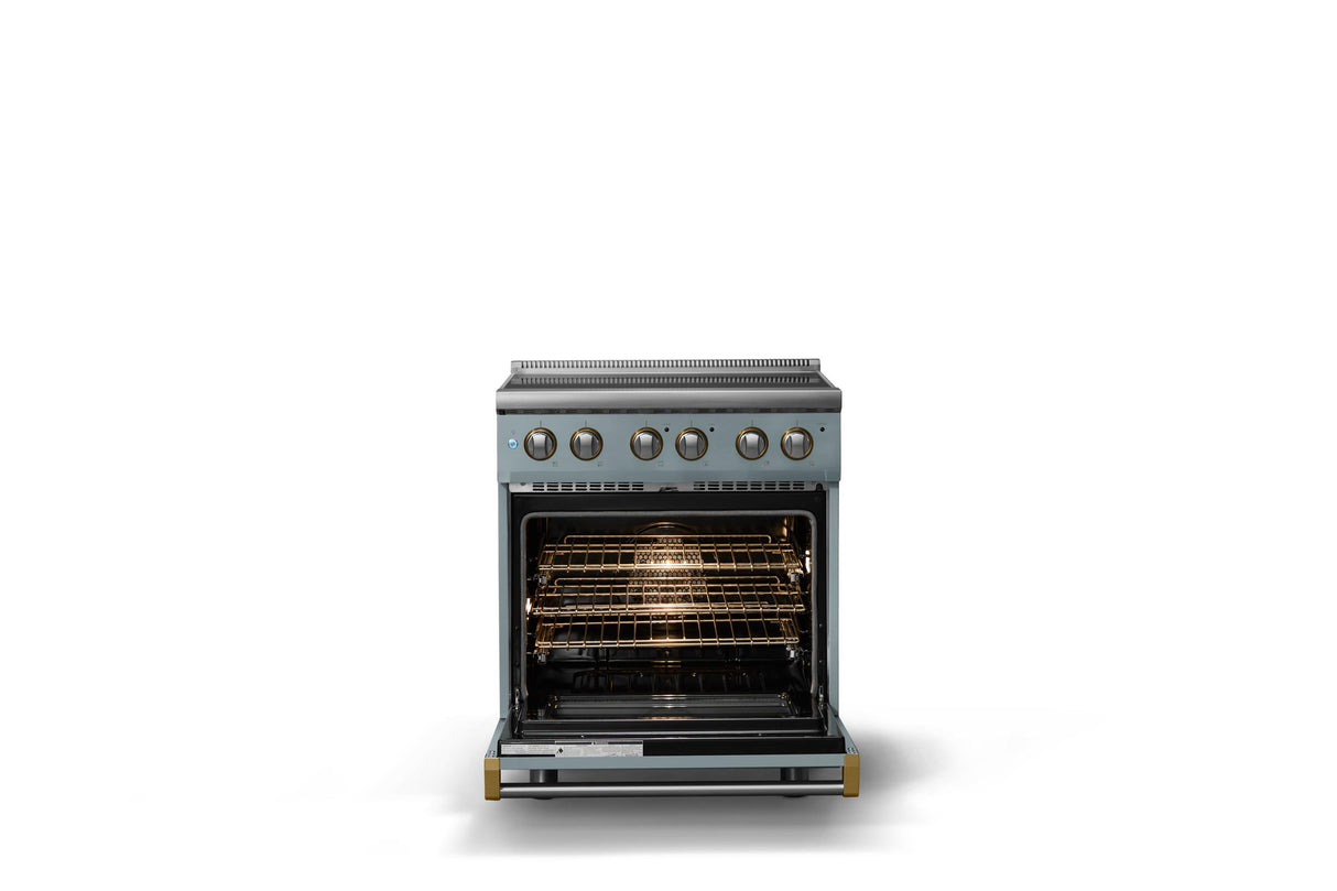 30"W. Electric Range (Finish: November Sky, Trim: Brushed Brass)