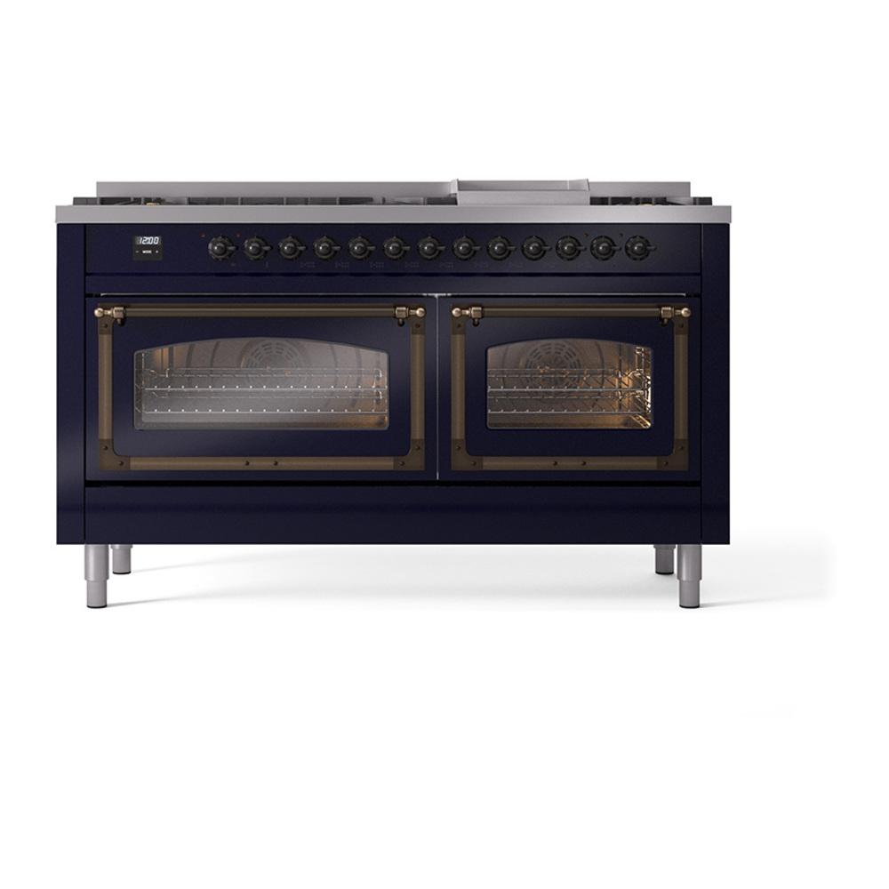 ILVE UN60FNMPMBBLP Nostalgie II Noblesse 60 inch Dual Fuel Range (9 Sealed Burners + Griddle, Liquid Propane, Triple Glass Door, Midnight Blue, Burnished)
