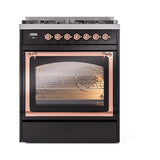ILVE UN30NMPBKP Nostalgie II Noblesse 30 inch Dual Fuel Range (Natural Gas, Triple Glass Door, Glossy Black, Copper)
