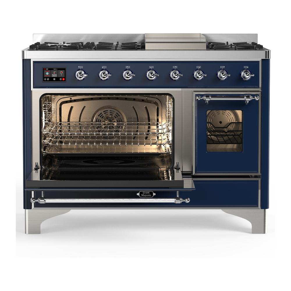 ILVE UM48FNR3MBCLP Majestic III 48 inch Dual Fuel Range with 8 Burners and Griddle, Dual Function Burner up to 25,000 BTU (Liquid Propane, Triple Glass Door, Midnight Blue, Chrome)