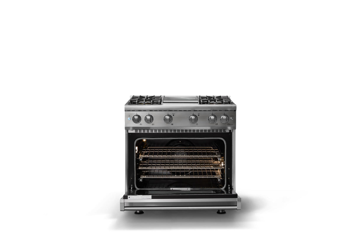 36"W. Sealed Burner Gas Range (Burner: 4g, Finish: Stainless Steel, Trim: Polished Chrome, Fuel: Natural Gas)