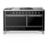 ILVE UM60FSQNR3BKC Majestic III 60 inch Dual Fuel Range with 7 Burners, Griddle and French Top, Dual Function Burner with up to 25,000 BTU (Natural Gas, Solid Door, Glossy Black, Chrome)