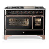 ILVE UM48FNR3BKP Majestic III 48 inch Dual Fuel Range with 8 Burners and Griddle, Dual Function Burner up to 25,000 BTU (Natural Gas, Triple Glass Door, Glossy Black, Copper)