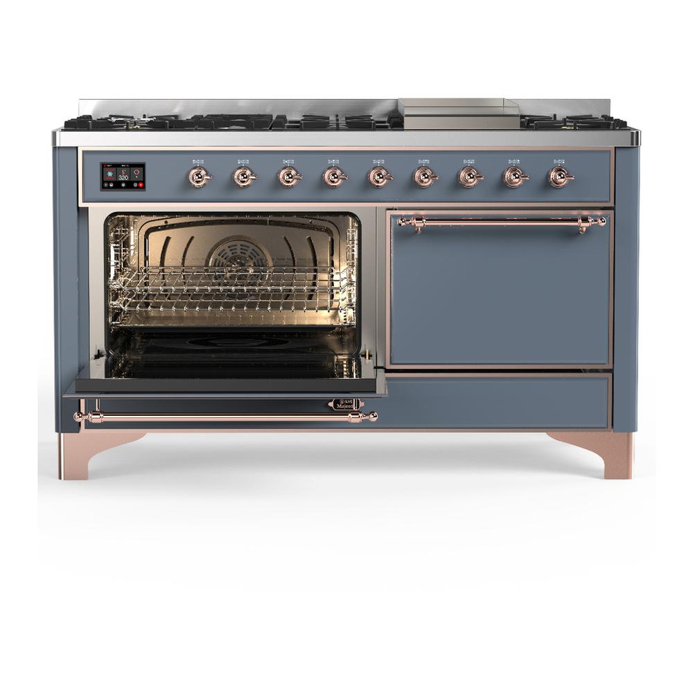 ILVE UM60FQNR3BGPLP Majestic III 60 inch Dual Fuel Range with 9 Burners and Griddle, Dual Function Burner up to 25,000 BTU (Liquid Propane, Solid Door, Blue Grey, Copper)