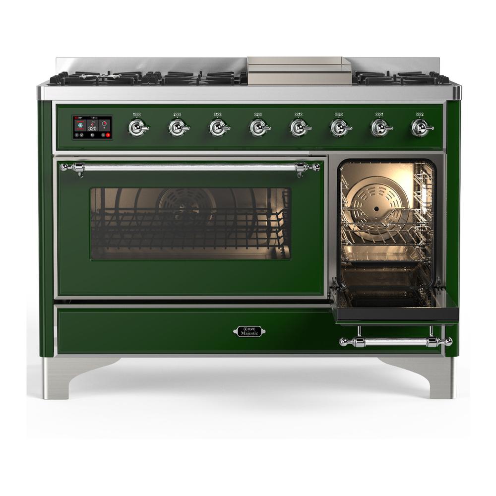 ILVE UM48FNR3EGC Majestic III 48 inch Dual Fuel Range with 8 Burners and Griddle, Dual Function Burner up to 25,000 BTU (Natural Gas, Triple Glass Door, Emerald Green, Chrome)