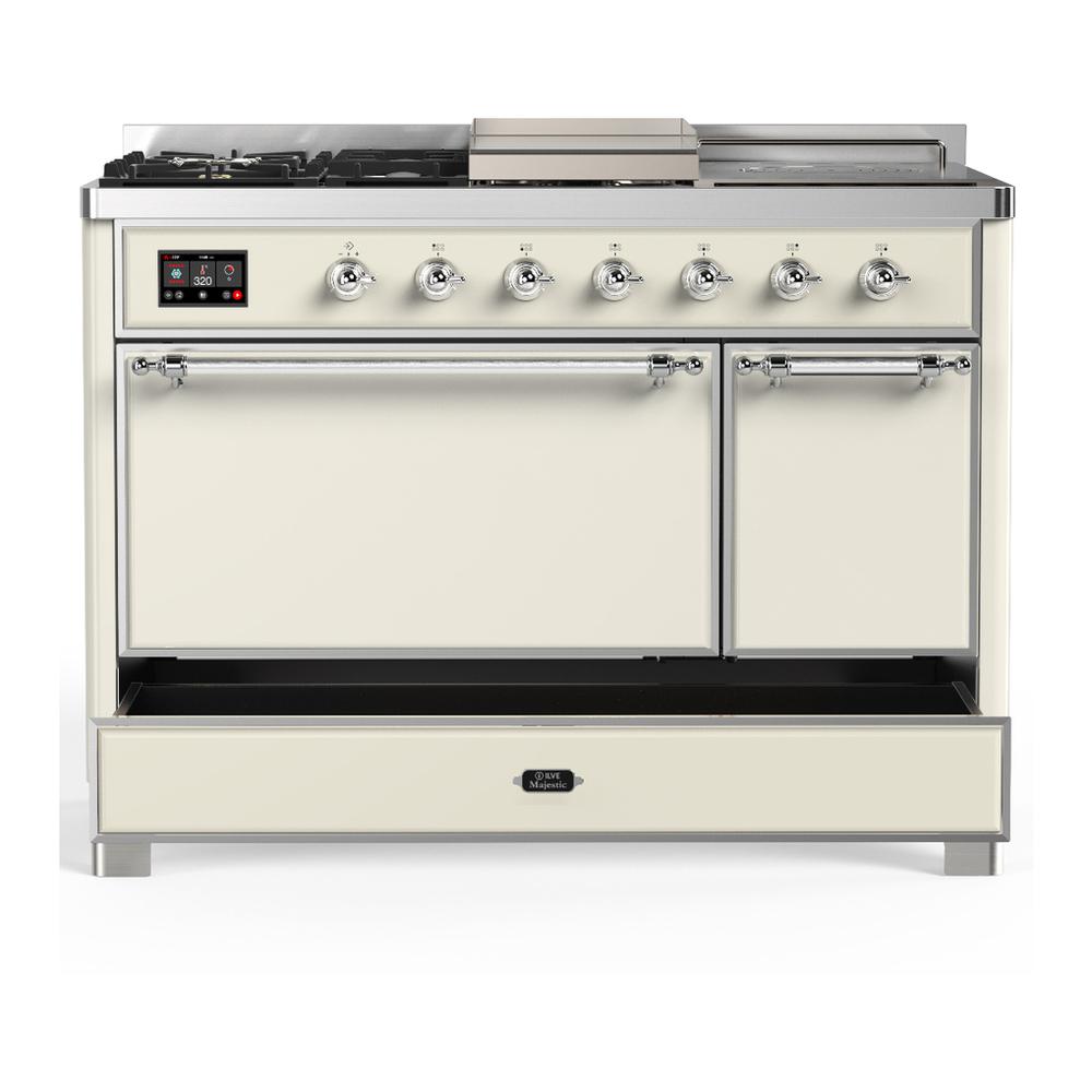 ILVE UM48FSQNR3AWC Majestic III 48 inch Dual Fuel Range with 5 Black Brass Burners, Griddle and French Top, Dual Function Burner up to 25,000 BTU (Natural Gas, Solid Door, Antique White, Chrome)