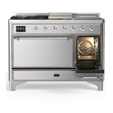 ILVE UM48FSQNR3SSCLP Majestic III 48 inch Dual Fuel Range with 5 Black Brass Burners, Griddle and French Top, Dual Function Burner up to 25,000 BTU (Liquid Propane, Solid Door, Stainless Steel, Chrome)