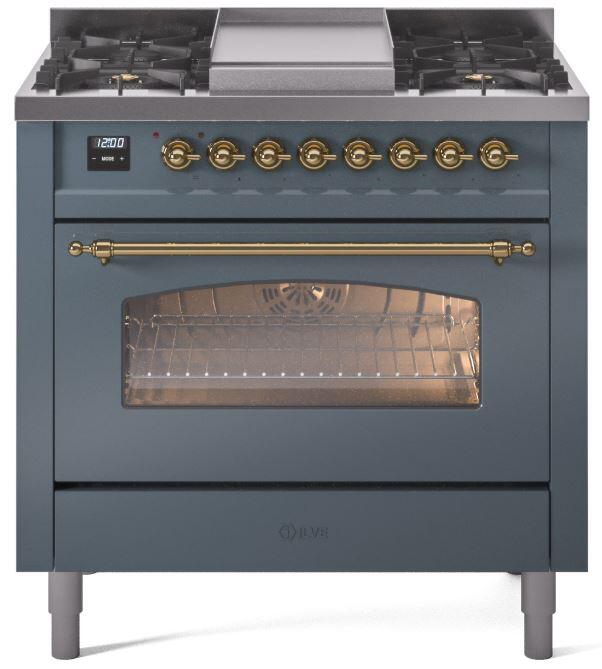 Nostalgie II 36 Inch Dual Fuel Natural Gas Freestanding Range in Blue Grey with Brass Trim