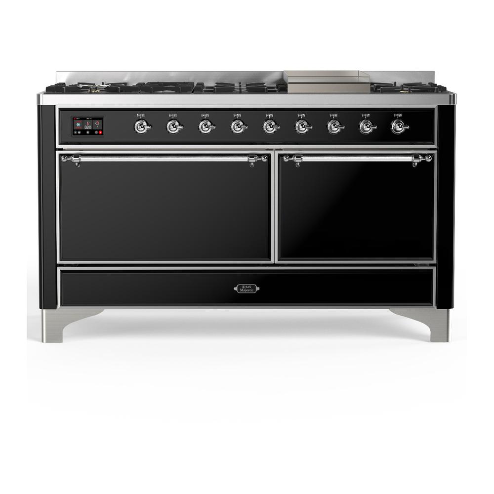 ILVE UM60FQNR3BKCLP Majestic III 60 inch Dual Fuel Range with 9 Burners and Griddle, Dual Function Burner up to 25,000 BTU (Liquid Propane, Solid Door, Glossy Black, Chrome)