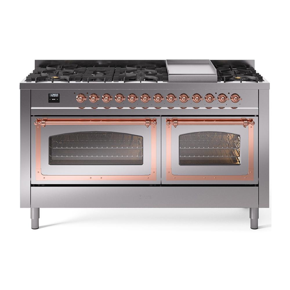 ILVE UN60FNMPSSPLP Nostalgie II Noblesse 60 inch Dual Fuel Range (9 Sealed Burners + Griddle, Liquid Propane, Triple Glass Door, Stainless Steel, Copper)