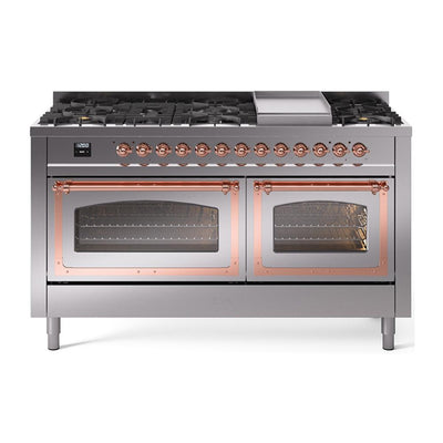 ILVE UN60FNMPSSPLP Nostalgie II Noblesse 60 inch Dual Fuel Range (9 Sealed Burners + Griddle, Liquid Propane, Triple Glass Door, Stainless Steel, Copper)