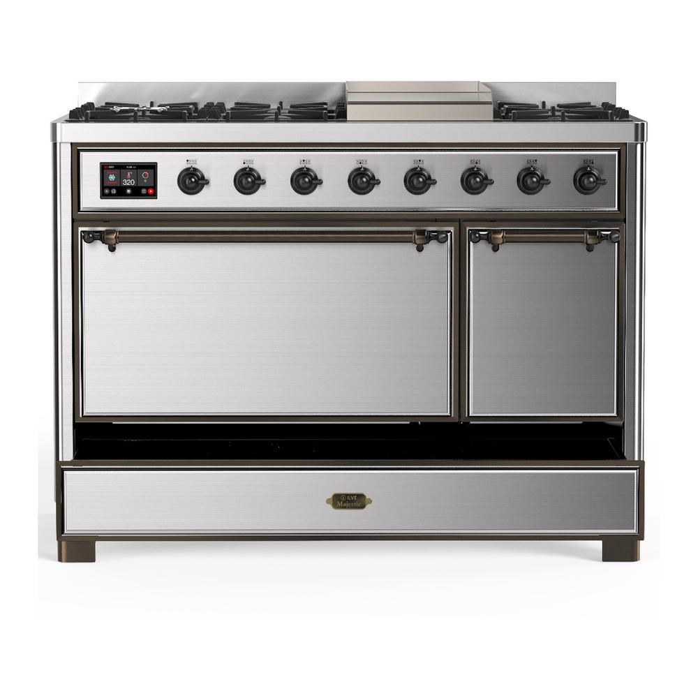 ILVE UM48FQNR3SSBLP Majestic III 48 inch Dual Fuel Range with 8 Burners and Griddle, Dual Function Burner up to 25,000 BTU (Liquid Propane, Solid Door, Stainless Steel, Burnished)