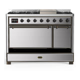 ILVE UM48FQNR3SSBLP Majestic III 48 inch Dual Fuel Range with 8 Burners and Griddle, Dual Function Burner up to 25,000 BTU (Liquid Propane, Solid Door, Stainless Steel, Burnished)