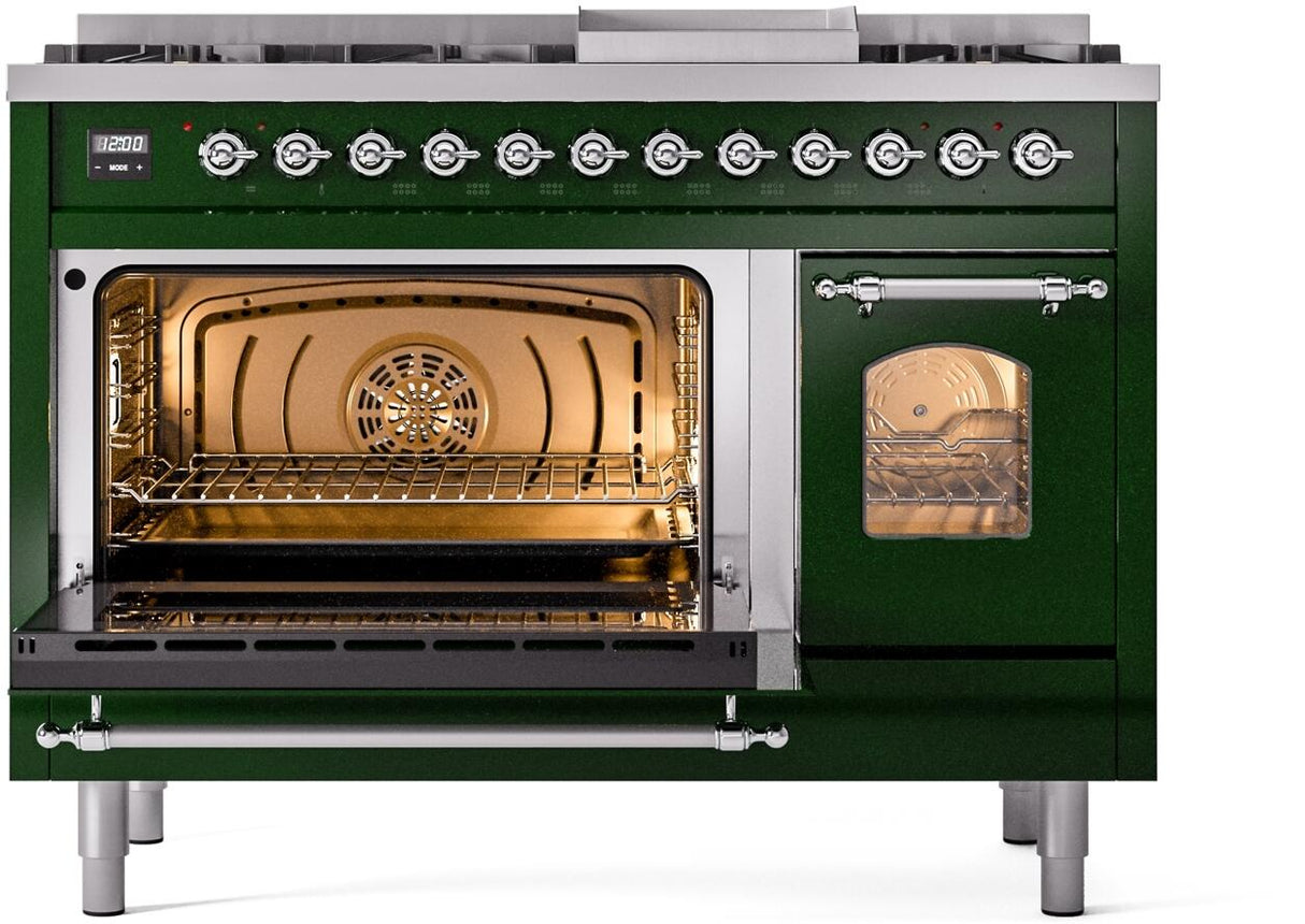 Nostalgie II 48 Inch Dual Fuel Natural Gas Freestanding Range in Emerald Green with Chrome Trim