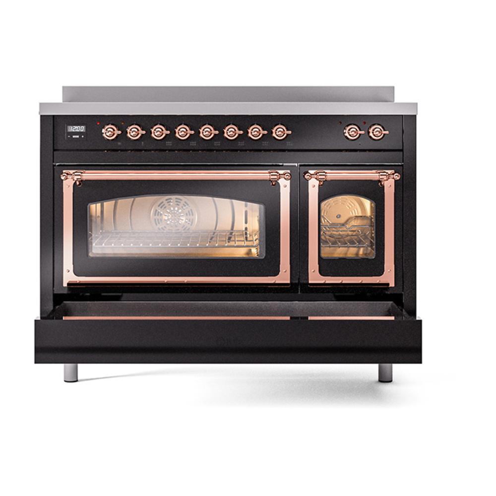 ILVE UNI486NMPBKP Nostalgie II Noblesse 48 inch Induction Range (Triple Glass Door, Glossy Black, Copper)