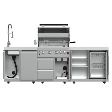 FORNO Bulnes 30-Inch BBQ, 60,000 BTU, 3 Burners with Sear & Rotisserie Infrared Burners, Stainless Steel Outdoor Kitchen with 1.8 cu.ft. Beverage Center & White Sintered Stone Countertops
