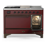 ILVE UM48FSQNR3BUB Majestic III 48 inch Dual Fuel Range with 5 Black Brass Burners, Griddle and French Top, Dual Function Burner up to 25,000 BTU (Natural Gas, Solid Door, Burgundy, Burnished)